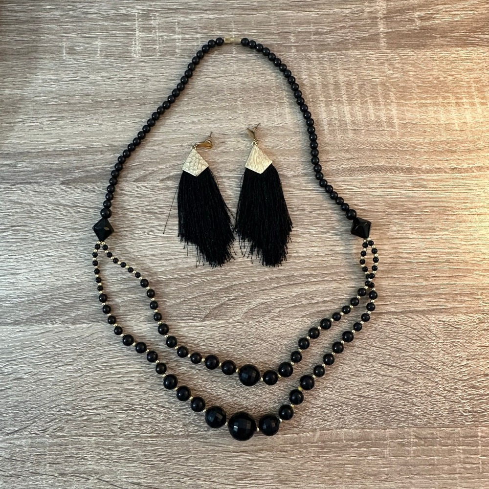 Vintage Art Deco Necklace Black Gold Beads Barrel Clasp Feather Earrings Lot